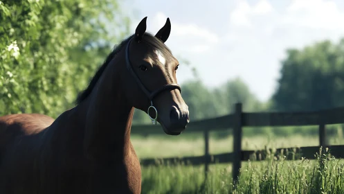 Chestnut horse in sunlit pasture with soft depth of field.