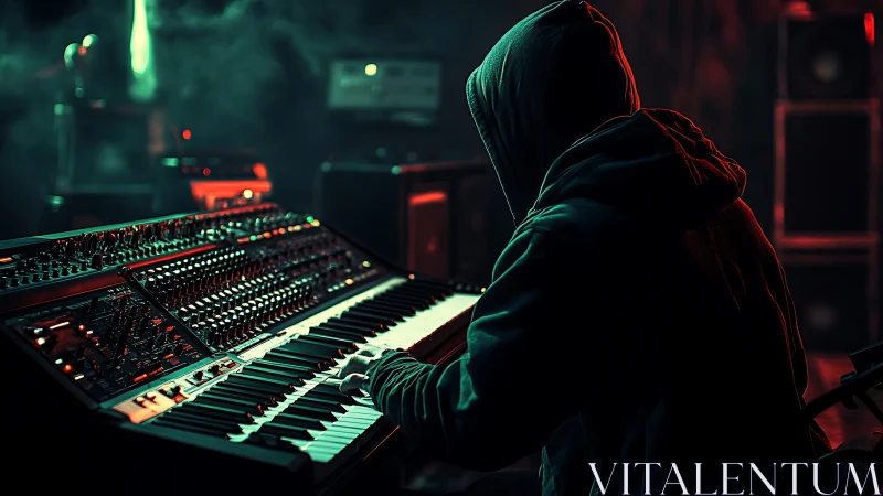 Hooded electronic musician programs analog synth under neon light