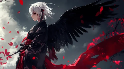 Dark-winged warrior stands calm among falling crimson petals