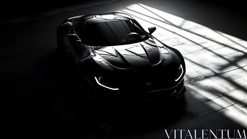 Sculpted black supercar in cinematic high-contrast side light.