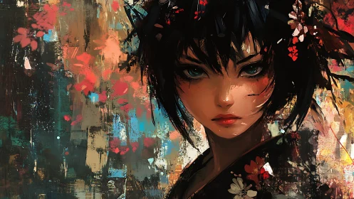 Portrait of dark-haired woman amid abstract floral textures.