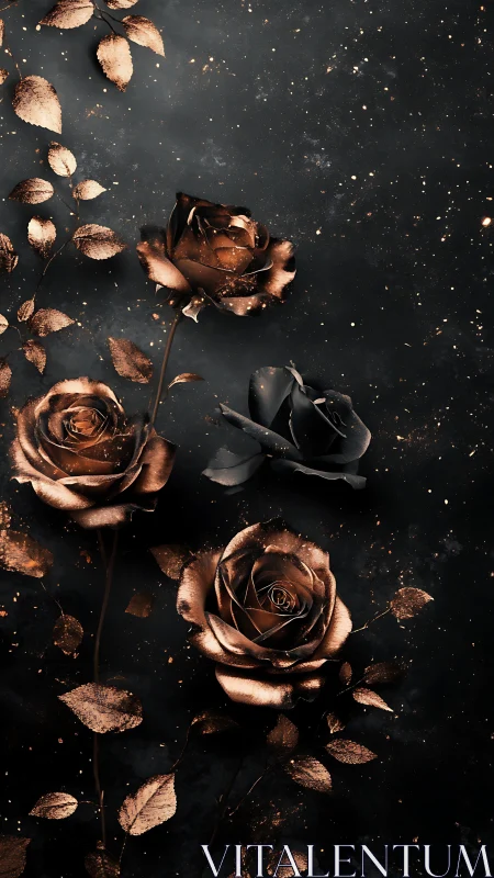 Metallic Roses on Dark Surface with Golden Particles.