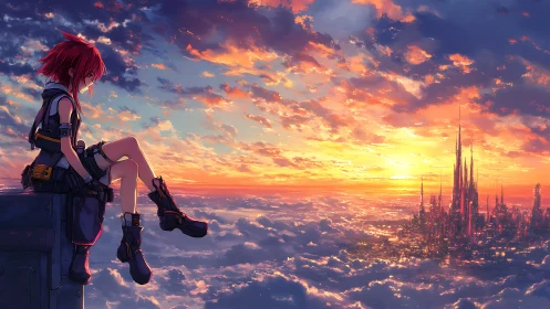 Red haired anime traveler surveys luminous cloud city at sunset