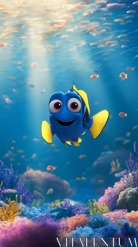 Stylized blue reef fish amid sunlit coral seabed environment