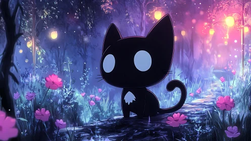 Enchanted black cat pauses on a glowing forest path at dusk