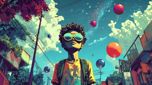 Neon city dreamscape with boy in mirrored sunglasses.