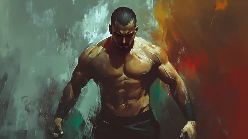 Powerful shirtless fighter in dramatic digital portrait.