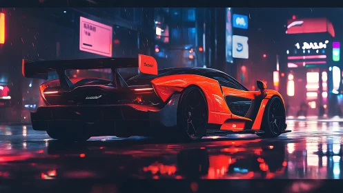 Neon rain crowns a scarlet supercar with electric velocity