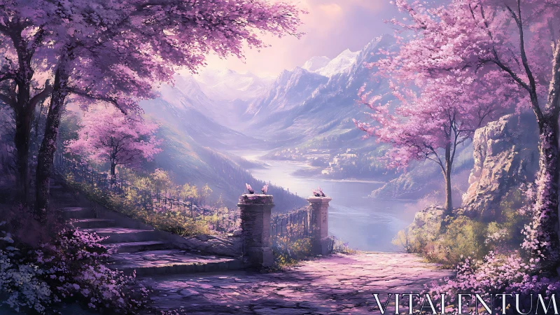 Twilight garden gateway overlooking pastel alpine lake vista.