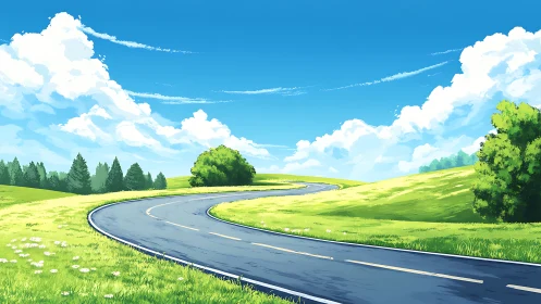 Curving asphalt roadway through stylized luminous summer hills.