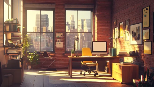 Brick loft workspace with large windows and city skyline.