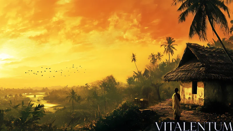Digital painting of tropical riverside village at sunset glow.