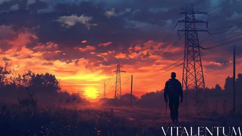 Lone wanderer walks under power lines at blazing sunset.
