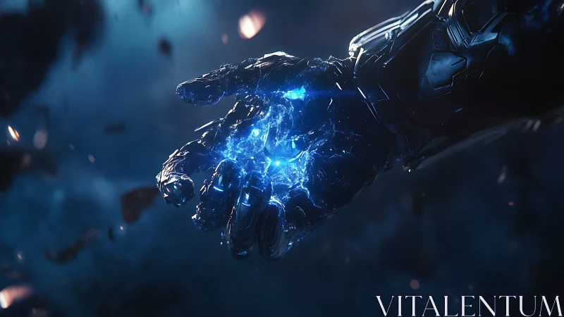 Cybernetic gauntlet cradles a storm of blue starlight.