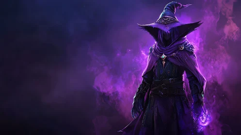 Hooded shadow mage wielding violet arcane firestorm.