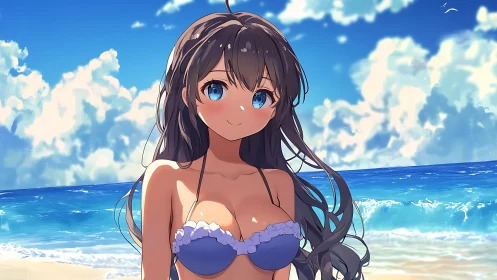 Smiling anime beach girl under bright summer skies.