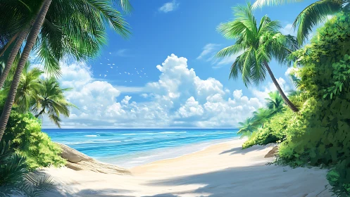 Tropical Beach Cove Bordered by Palm Trees and Luminous Sky