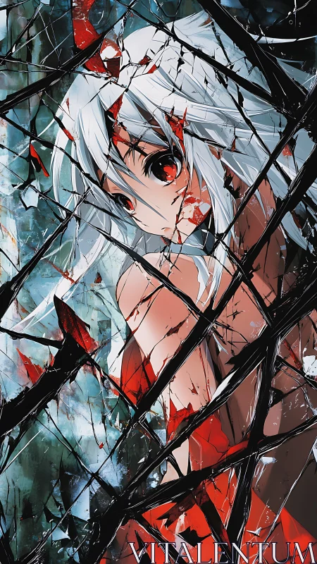 Shattered crimson gaze behind storm-slashed glasswork.