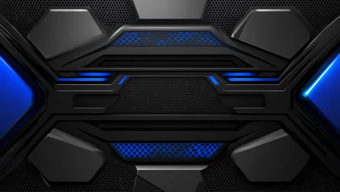 Futuristic black tech panel with blue neon light accents.