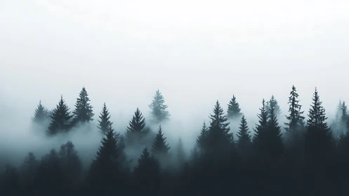 Misty Forest with Silhouetted Evergreen Trees.