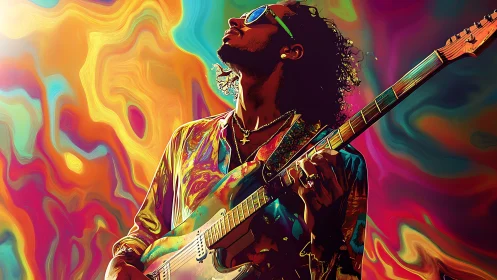 Electric guitarist in saturated multicolor abstract setting.