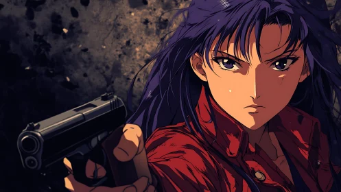 Determined anime heroine confronts danger with drawn pistol