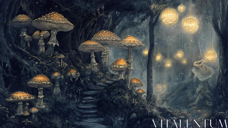 Enchanted mushroom forest under glowing hanging orbs at dusk.