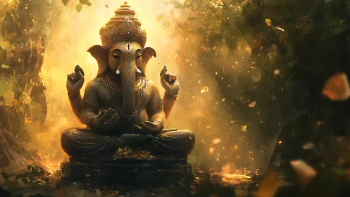 Divine elephant-headed deity meditates in glowing forest light