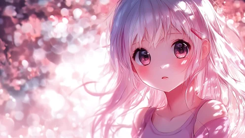 Pastel-haired anime girl in luminous cherry blossom bokeh.