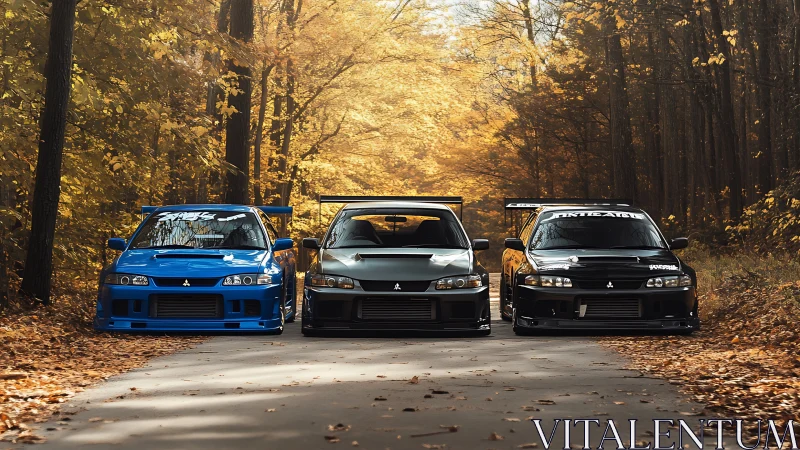 Autumn forest road hosts three bold Mitsubishi project cars.
