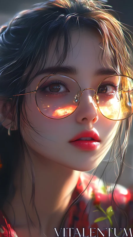 Sunlit girl with glowing glasses and a soft, dreamy gaze.