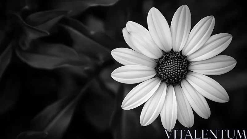 Monochrome daisy close-up with soft blurred foliage.