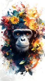Chimpanzee portrait framed by vivid floral explosion