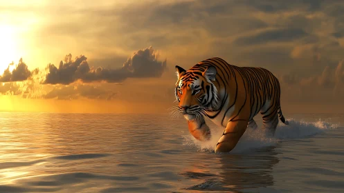 Hydrodynamic tiger traversal under volumetric sunset illumination.