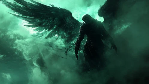 Emerald reaper angel drifting through stormborn fog.