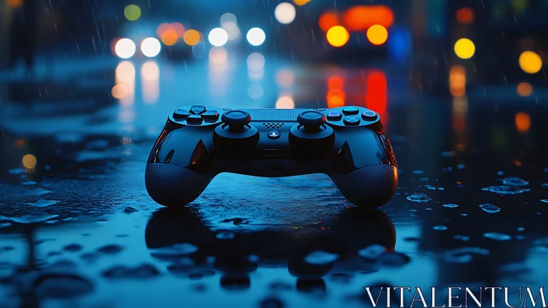 Gaming Controller on Wet Urban Street at Night