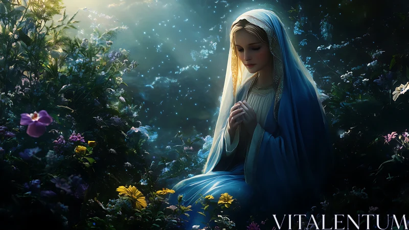 Gentle maiden in blue praying softly in a glowing garden.