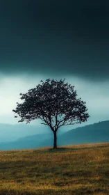 Solitary tree stands over misty hills under brooding sky