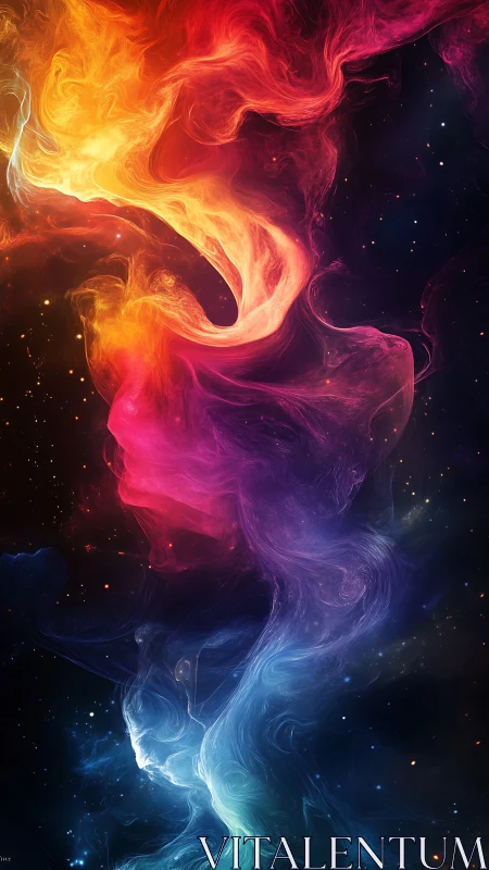 Digital painting of chromatic nebula plume in deep space vertical.