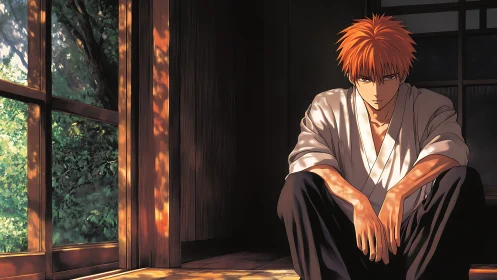 Ambient dappled light study on seated martial anime figure.