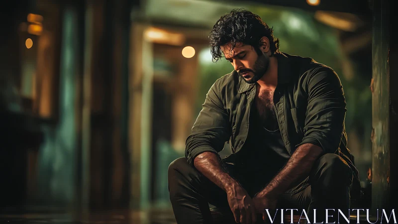 Moody low-key portrait isolates a seated man in introspection