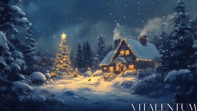 Snow-laden cabin with warm window luminance and dense fairy lights