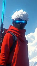 Cyber ranger with neon visor in alpine sky backdrop.