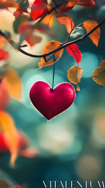 Crimson Heart Suspended Among Autumn Leaves.