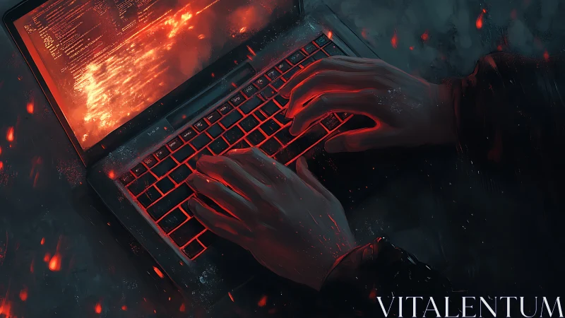 Midnight code pyromancer at a burning neon keyboard.