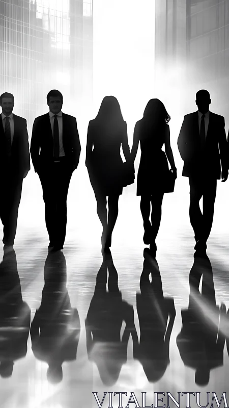 Silhouetted business professionals in modern office corridor.