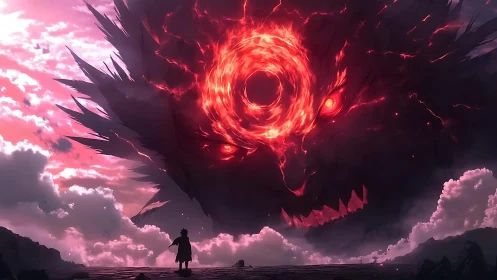 Lone warrior confronts colossal fiery sky demon at dusk
