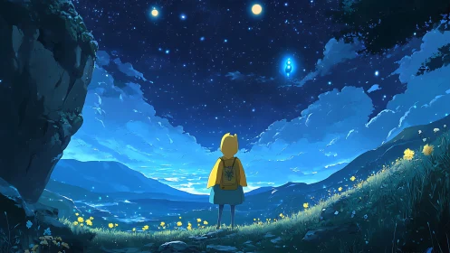 Child under a starry sky meeting a gentle glowing spirit.