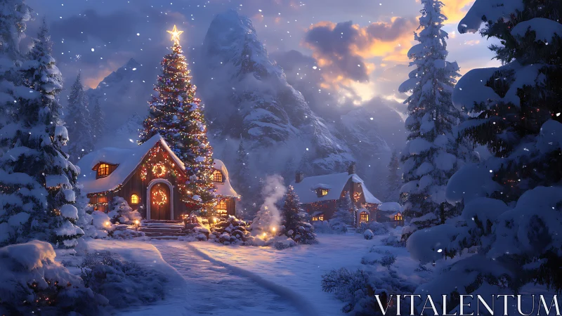 Snow-covered alpine cottages glow under a towering lit tree