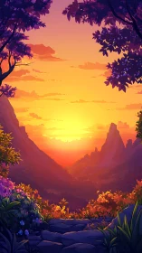 Sunset over valley with silhouetted mountains and foliage.